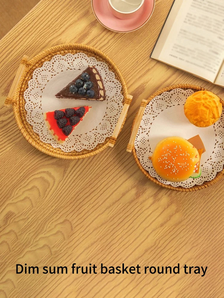 1PC Woven Rattan Storage Basket with Strap Handle round Tray for Bread Snacks Fruits Picnic - Home Organization Basket