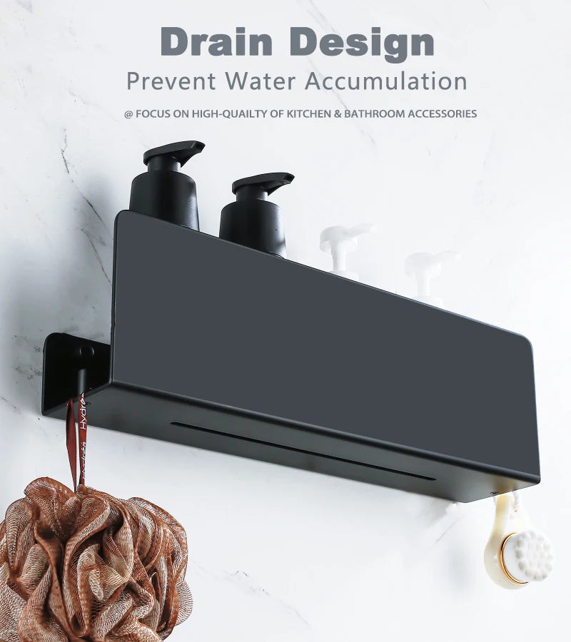 Black Bathroom Organizer Shelf With Hooks