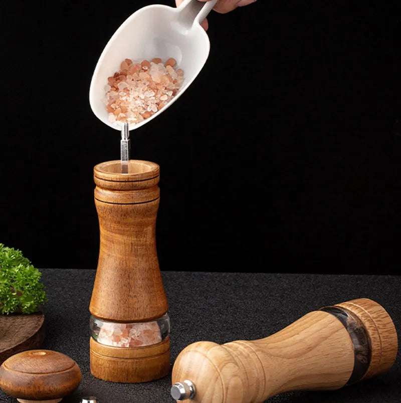 6-inch Manual Pepper Grinder Rubber Wood Acrylic Salt Shakers Adjustable Ceramic Rotor-Refillable Oak Spice Salt Grinding Bottle