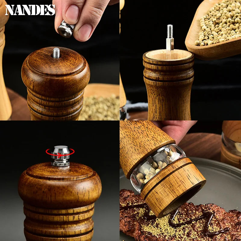 6-inch Manual Pepper Grinder Rubber Wood Acrylic Salt Shakers Adjustable Ceramic Rotor-Refillable Oak Spice Salt Grinding Bottle