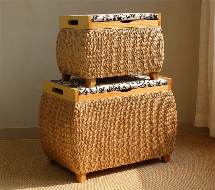 Handwoven Natural Rush Storage Stool