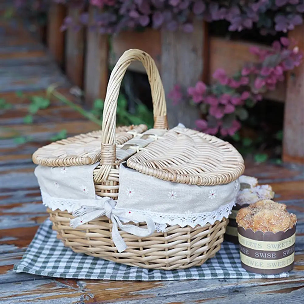 Willow Woven Wicker Picnic Basket With Lids Outdoor Shopping Double-lid Camping Large Capacity Fruit Storage Container Basket