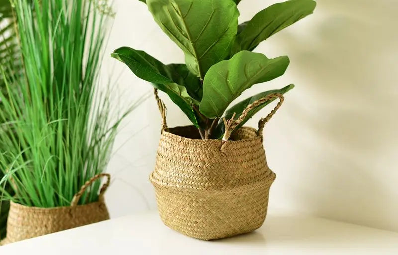 Seagrass Rattan Basket Foldable Wicker Organizer Handmade Plant Pot Laundry Bin Decorative Boho Style for Garden Home Decor