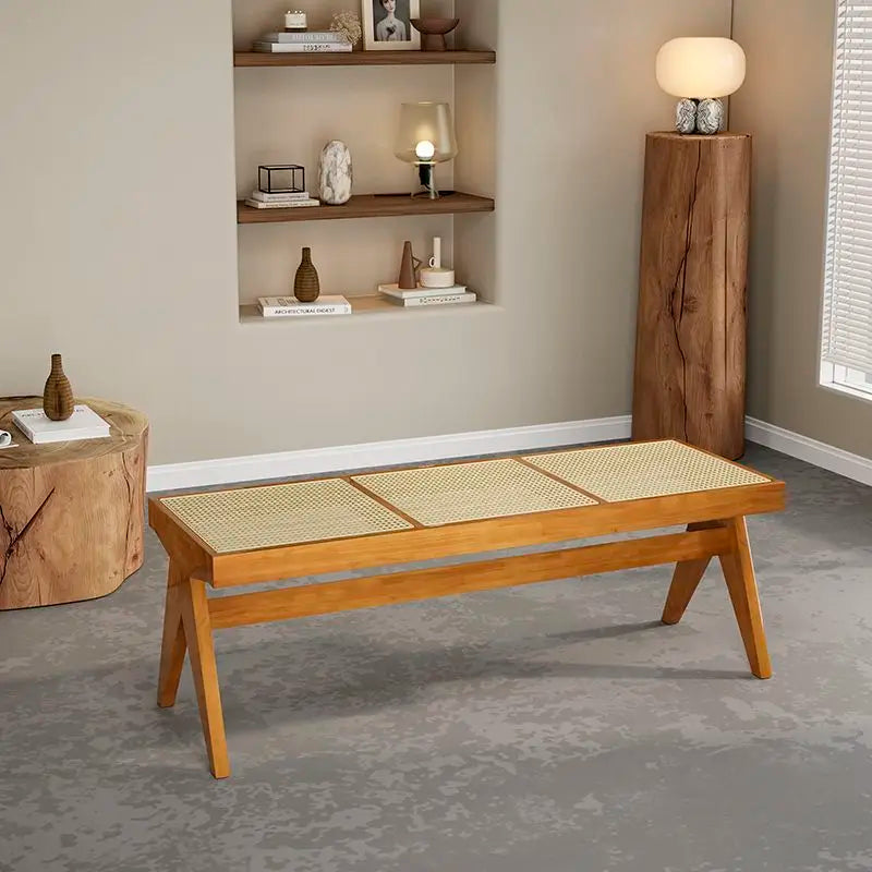 Solid Wood Rattan Bench Living Room Chairs Long Bench Japanese Bed End Bench Retro Chaise Lounge Stool House Furniture Ottoman