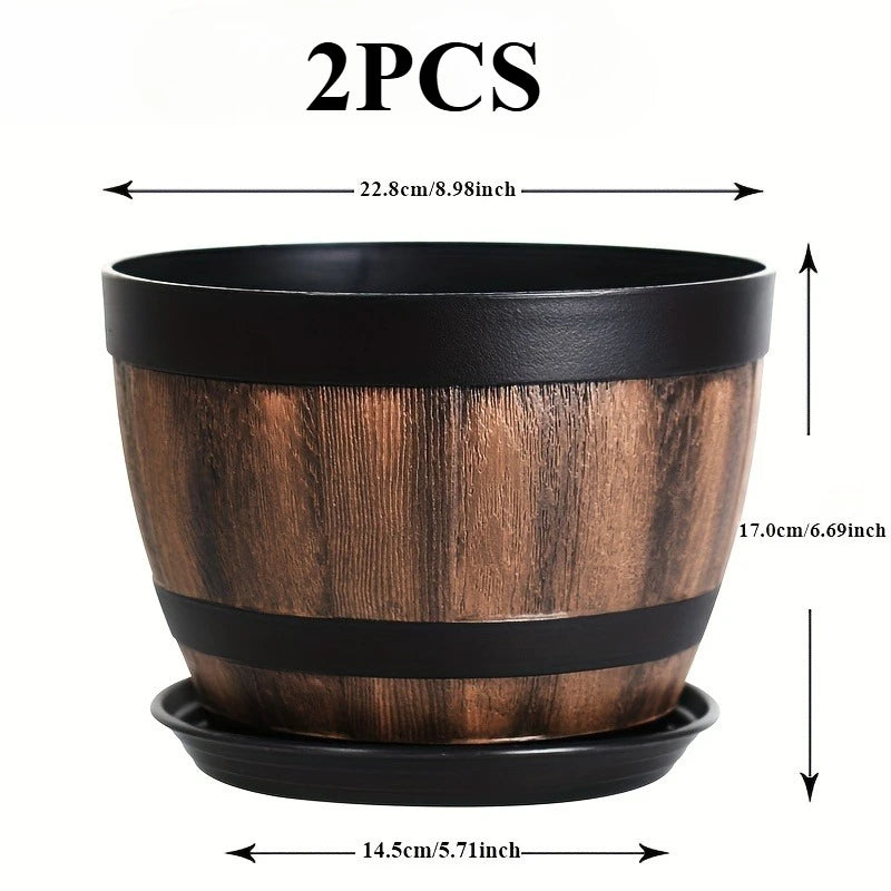 Set of 2 vintage whisky barrel planters, garden flower pots with drainage holes, plastic oval plant containers