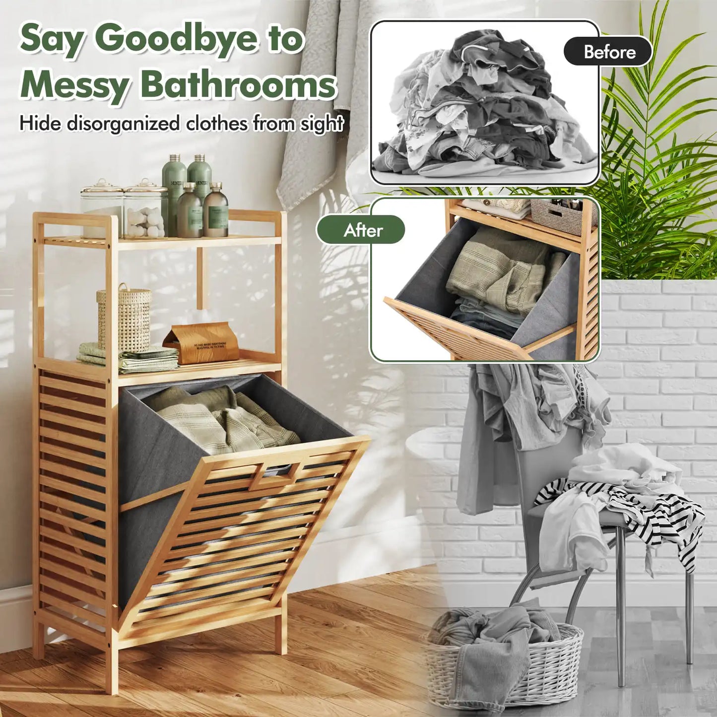 Bamboo Laundry Cabinet w/Storage Shelves-Natural
