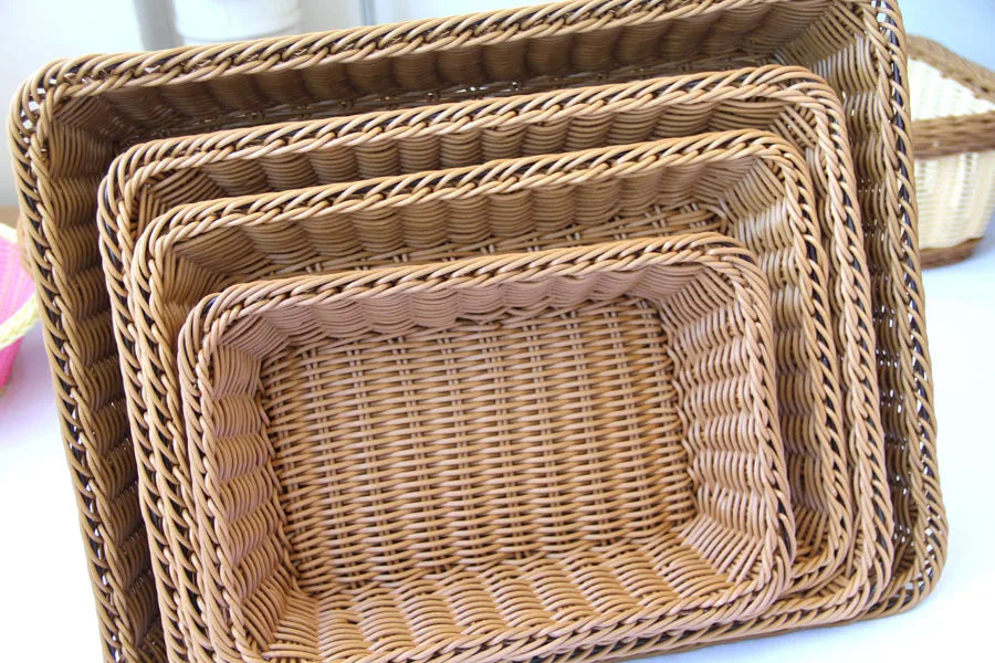 Hand-woven Imitation Rattan Wicker Basket Rectangular Storage Box Fruit Tea Snack Bread Basket Cosmetic House Kitchen Supplies