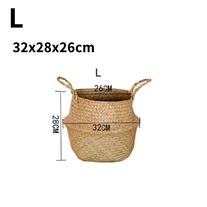 Seagrass Rattan Basket Foldable Wicker Organizer Handmade Plant Pot Laundry Bin Decorative Boho Style for Garden Home Decor