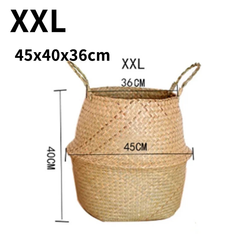Seagrass Rattan Basket Foldable Wicker Organizer Handmade Plant Pot Laundry Bin Decorative Boho Style for Garden Home Decor