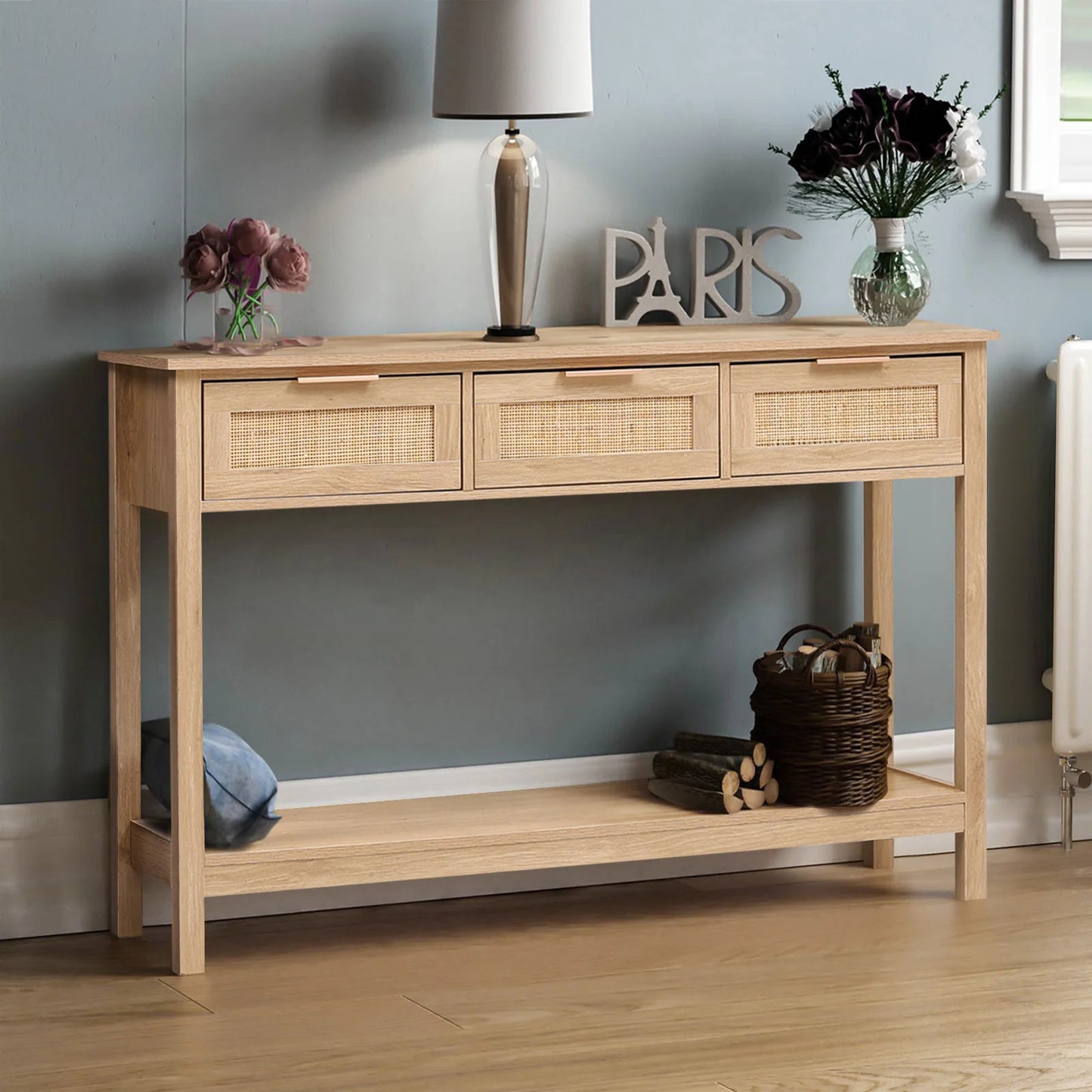 【Lifeideas】Rustic Wood Console Table with 3 Rattan Drawer Livingroom Bedroom Decoration Storage Cabinet