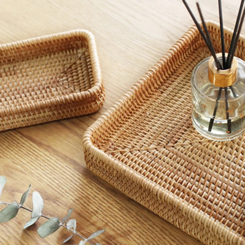 Handwoven Rattan Storage Basket Square Wicker Tray Picnic Basket Bread Food Plate Fruit Cake Sundries Box Home Desk Decoration