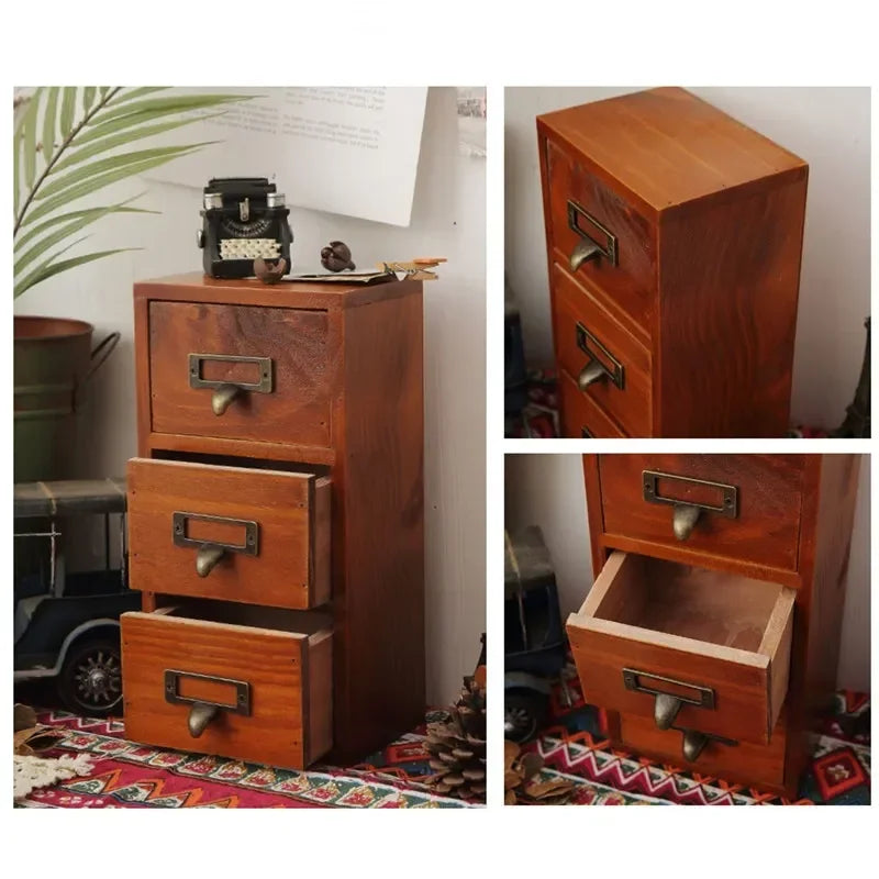 Retro 3-Tier Wooden Storage Drawer Organizer