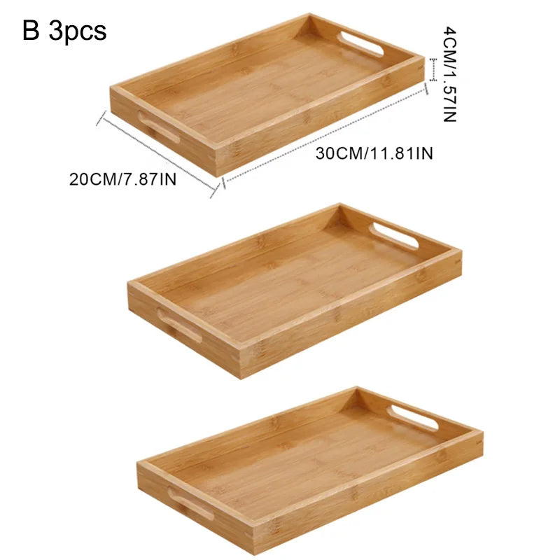 Wide Bamboo Organizer Tray Storage Bin with Handles for Cutlery Serving Spoons Cooking Utensils Teapot Teacup