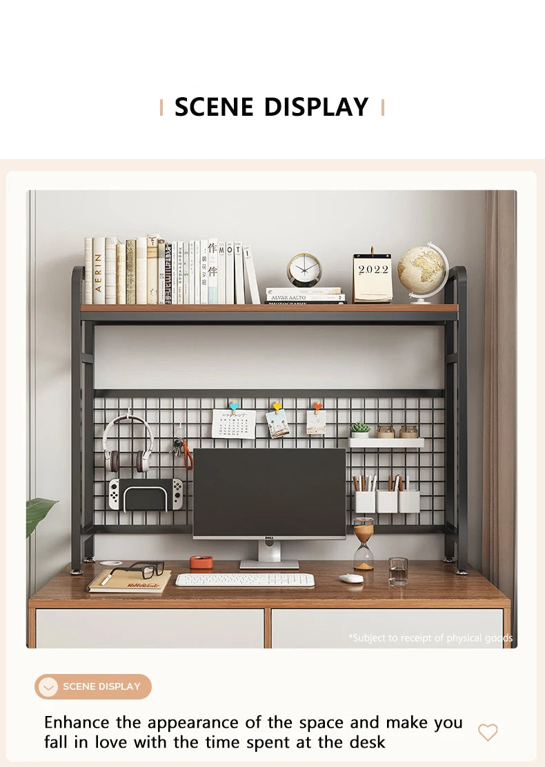 Bookshelf Bookcase With Grid Desktop Multi-layer Wrought Iron Shelf Student Computer Desk Table Hole Board Table Wooden Shelves