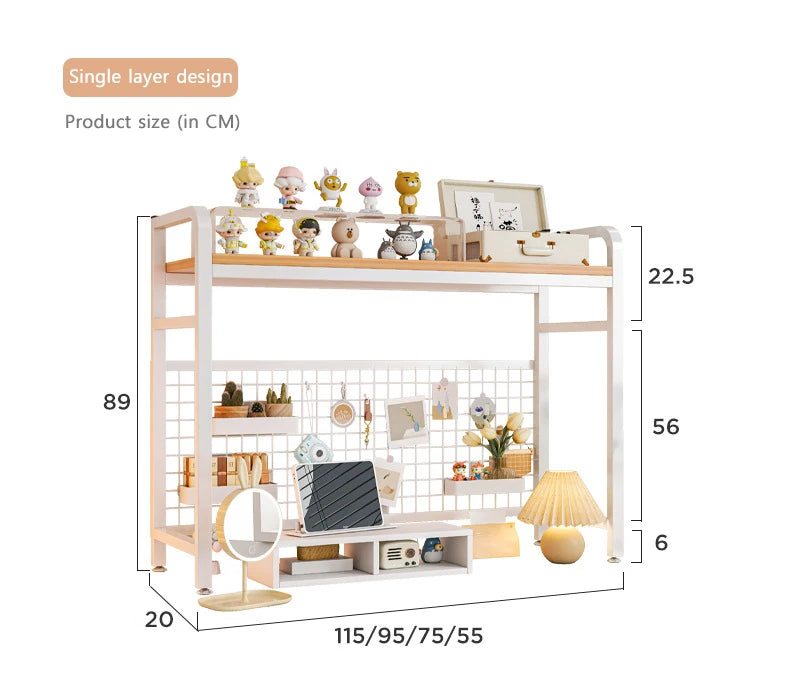 Bookshelf Bookcase With Grid Desktop Multi-layer Wrought Iron Shelf Student Computer Desk Table Hole Board Table Wooden Shelves