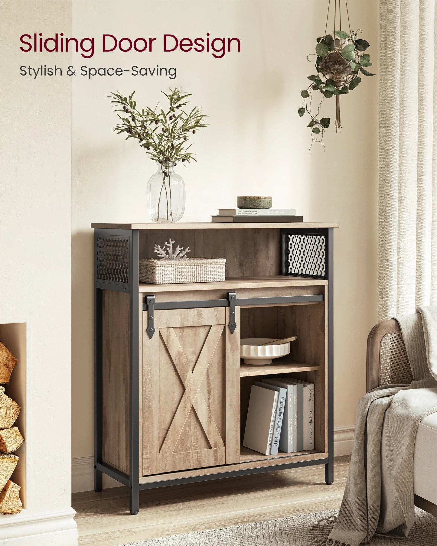 VASAGLE Sideboard, Storage Cabinet, Kitchen Cupboard with Sliding Barn Door