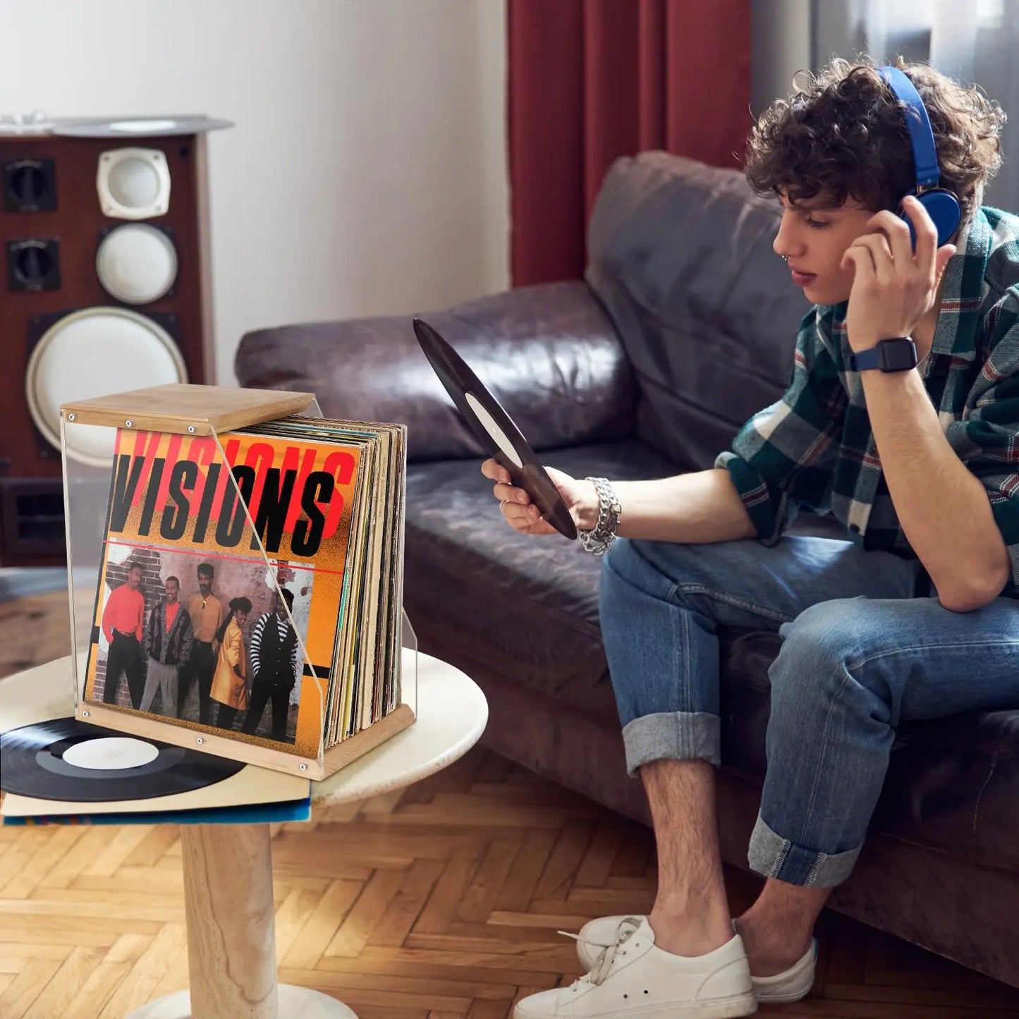 Vinyl Record Storage, Vinyl Record Album Holder, Box Case Crate, Desktop Acrylic & Wooden LP Record Crate, Holds to 40+ Records