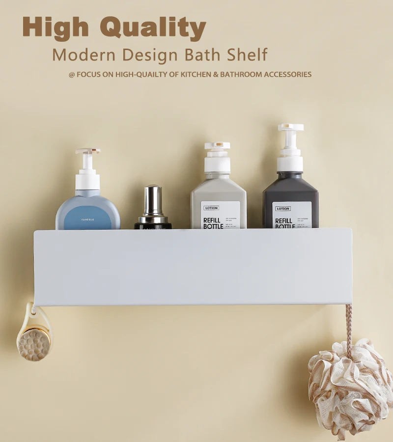 White Aluminium Corner Shower Shelf with Hooks