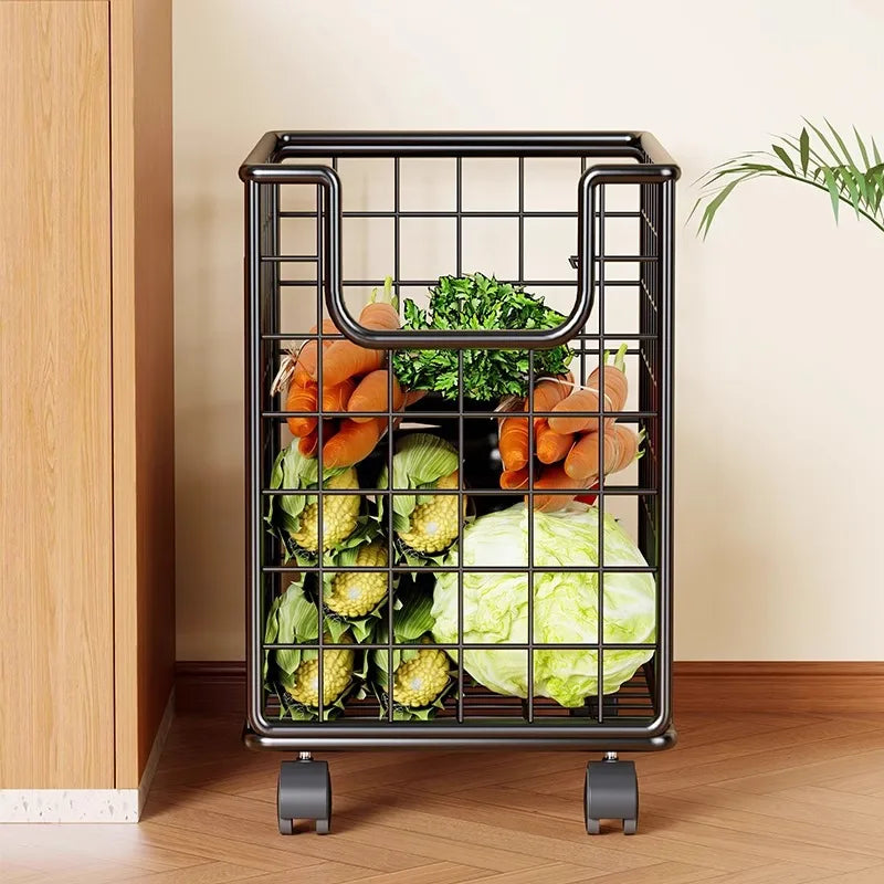 Removable Vegetable Fruit Storage Basket Rack Rolling Laundry Hamper Bathroom Foldable Iron Wire Dirty Clothes Hamper Organizer