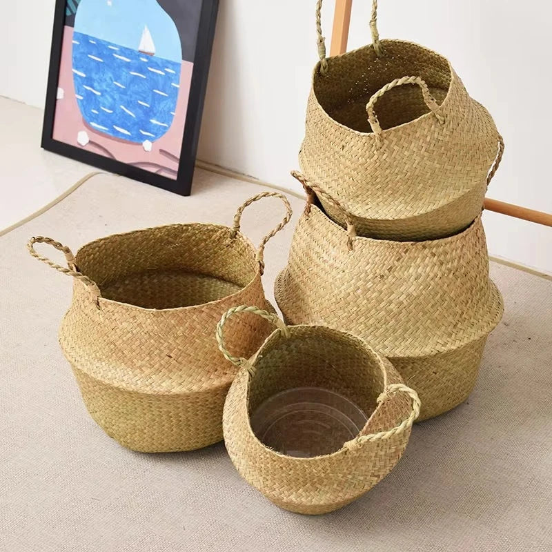 Seagrass Rattan Basket Foldable Wicker Organizer Handmade Plant Pot Laundry Bin Decorative Boho Style for Garden Home Decor