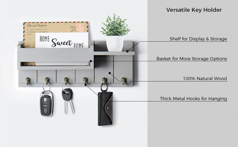 Rustic Wooden Key Rack & Mail Organizer