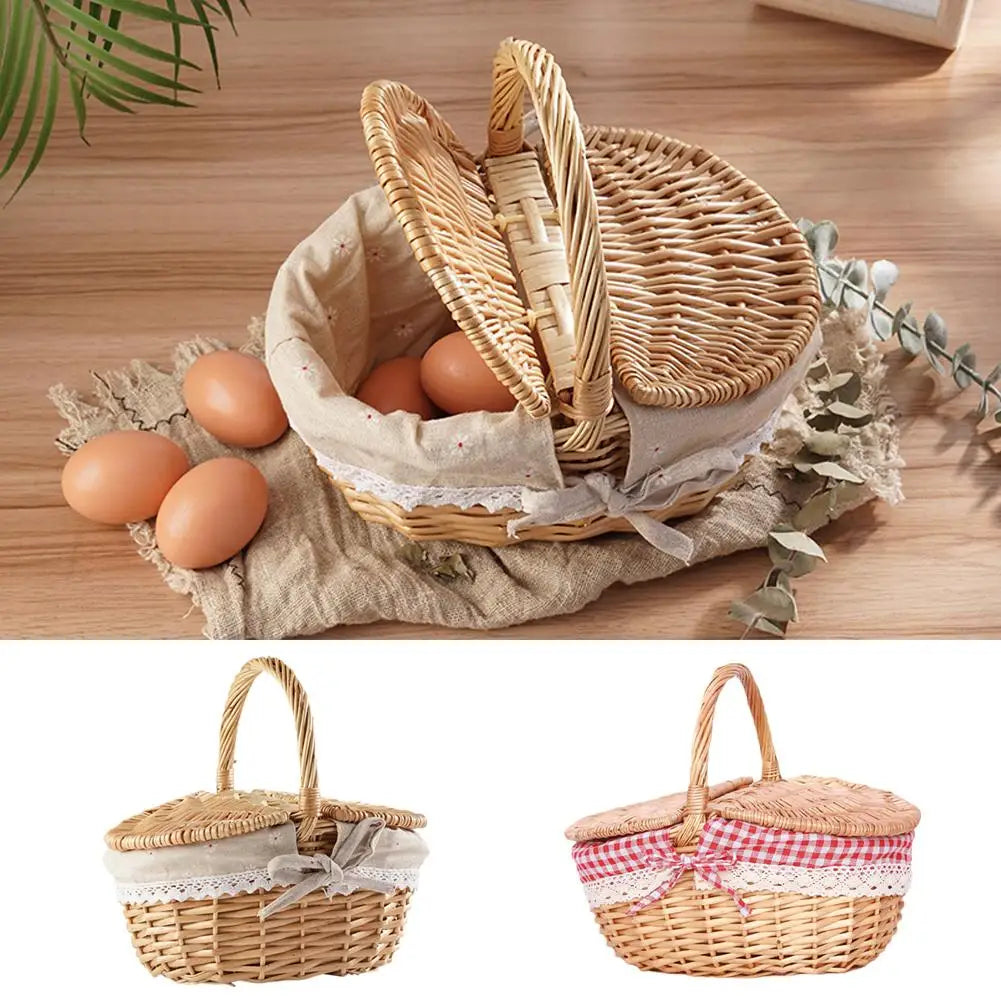Willow Woven Wicker Picnic Basket With Lids Outdoor Shopping Double-lid Camping Large Capacity Fruit Storage Container Basket