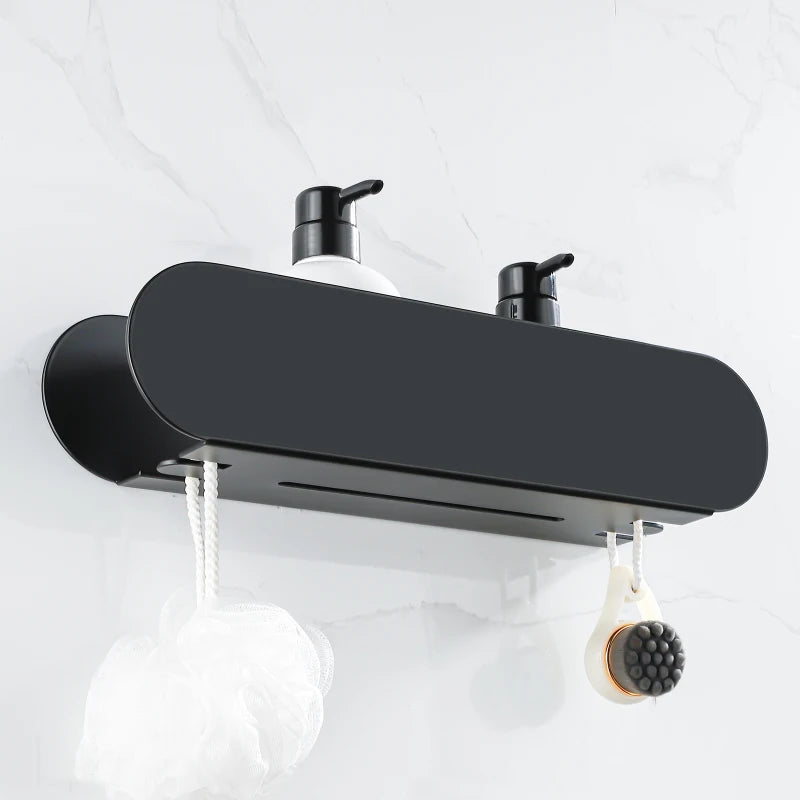 Black Aluminium Shower Caddy Shelf with Hooks