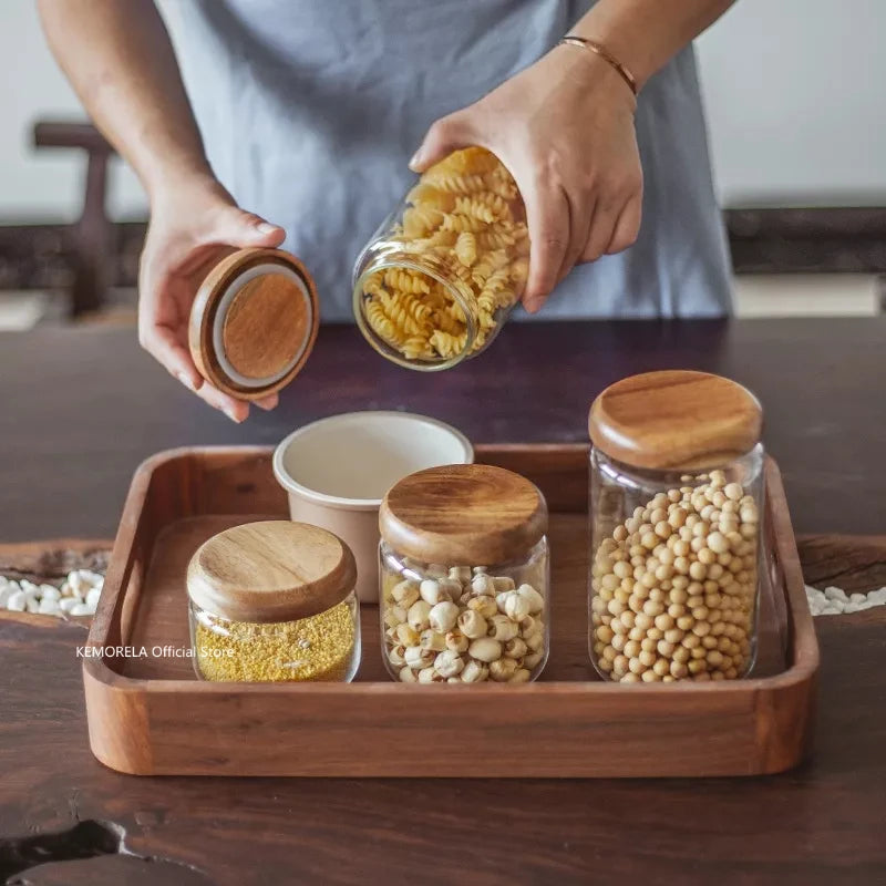 Transparent Glass Storage Jar with Acacia Wood Lid