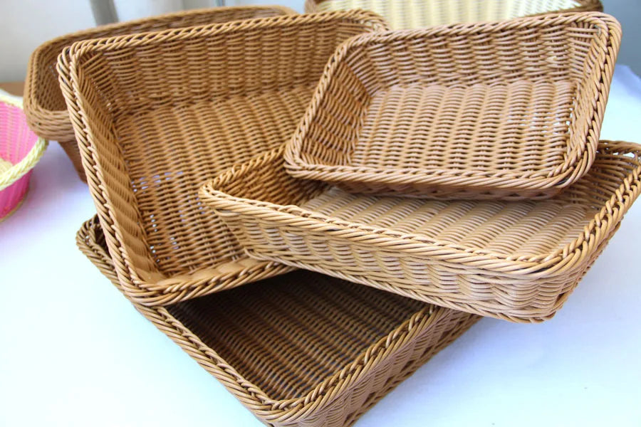 Hand-woven Imitation Rattan Wicker Basket Rectangular Storage Box Fruit Tea Snack Bread Basket Cosmetic House Kitchen Supplies