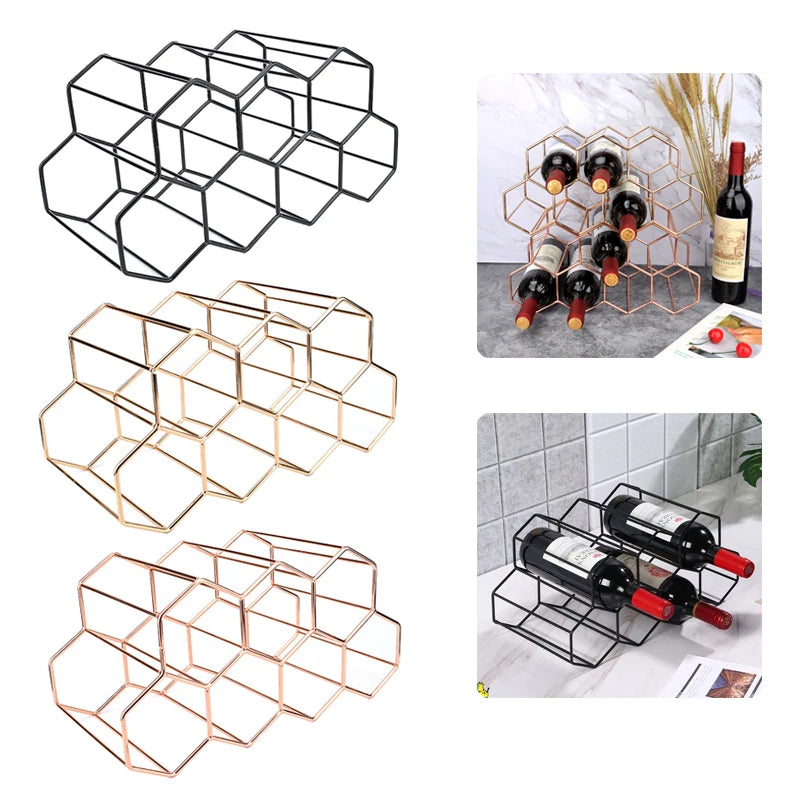 Hexagon Metal Wine Rack – 9-Bottle Tabletop Holder