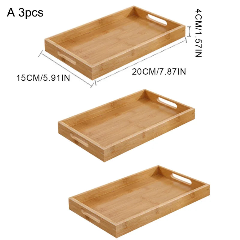 Wide Bamboo Organizer Tray Storage Bin with Handles for Cutlery Serving Spoons Cooking Utensils Teapot Teacup