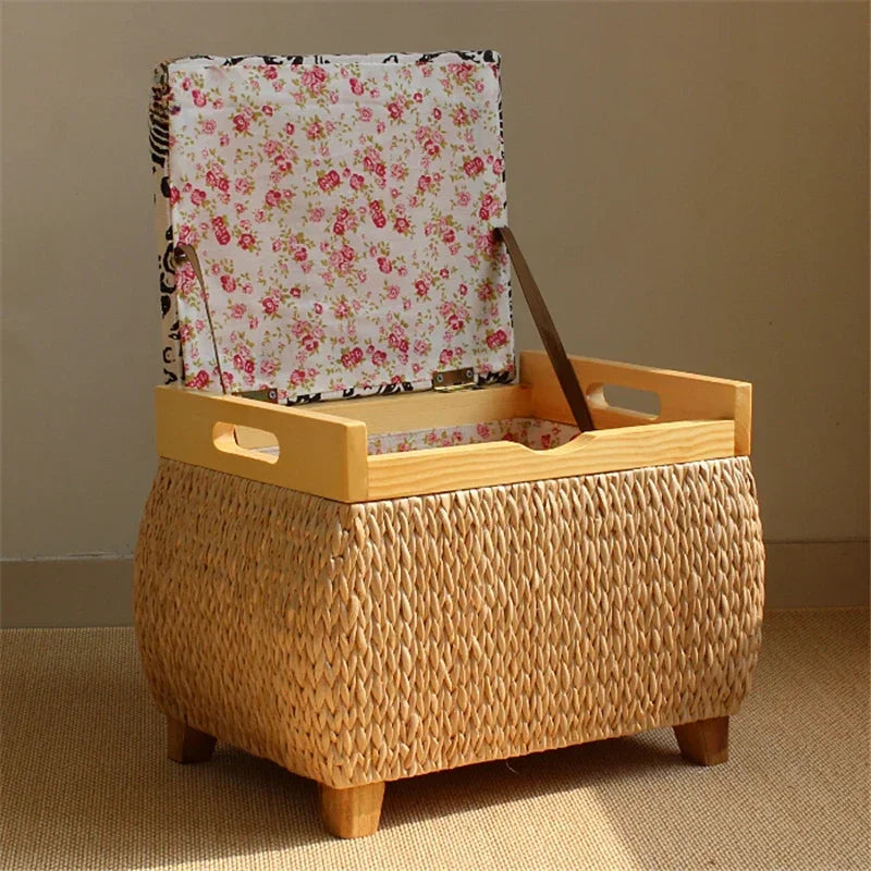 Handwoven Natural Rush Storage Stool