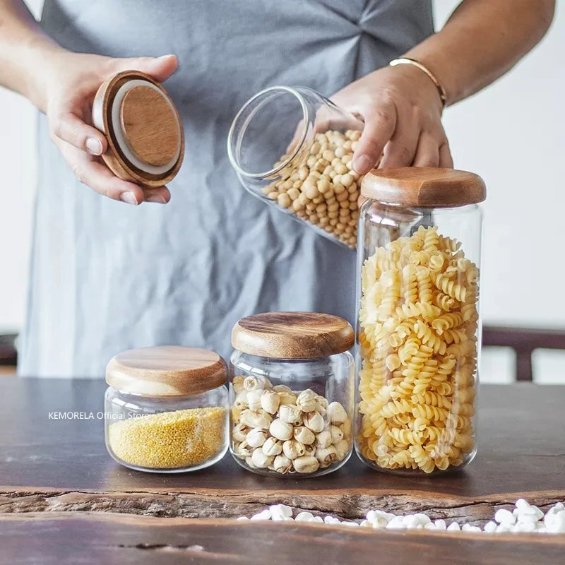 Transparent Glass Storage Jar with Acacia Wood Lid