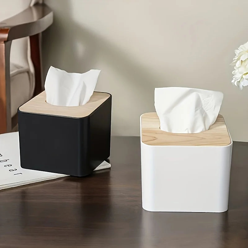 1pc/2pcs-Nordic Style Plastic Tissue Box with Wooden Cover - Paper Box for Restaurants and Rooms - Tissue Storage