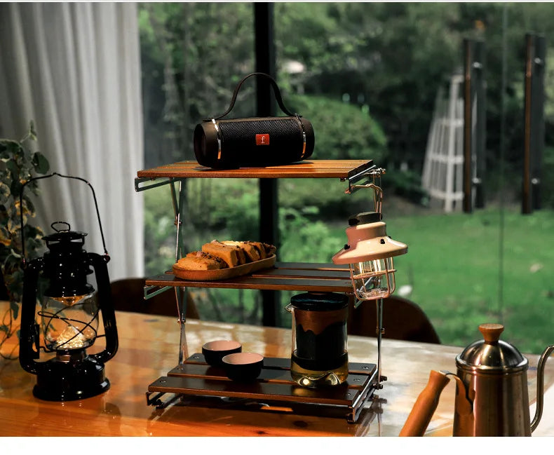 Outdoor Camping Three-layer Storage Rack Solid Wood Foldable Portable Camping Folding Table Multi-layer Multi-function
