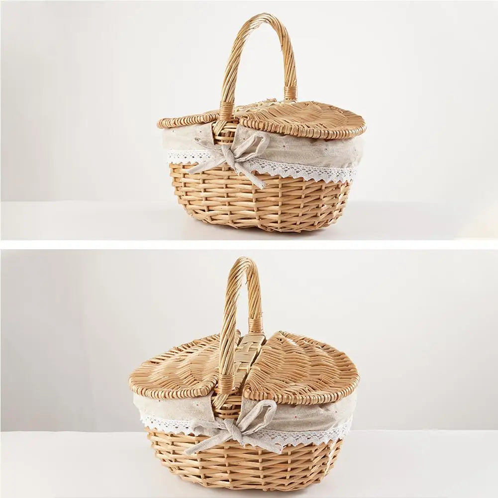 Willow Woven Wicker Picnic Basket With Lids Outdoor Shopping Double-lid Camping Large Capacity Fruit Storage Container Basket