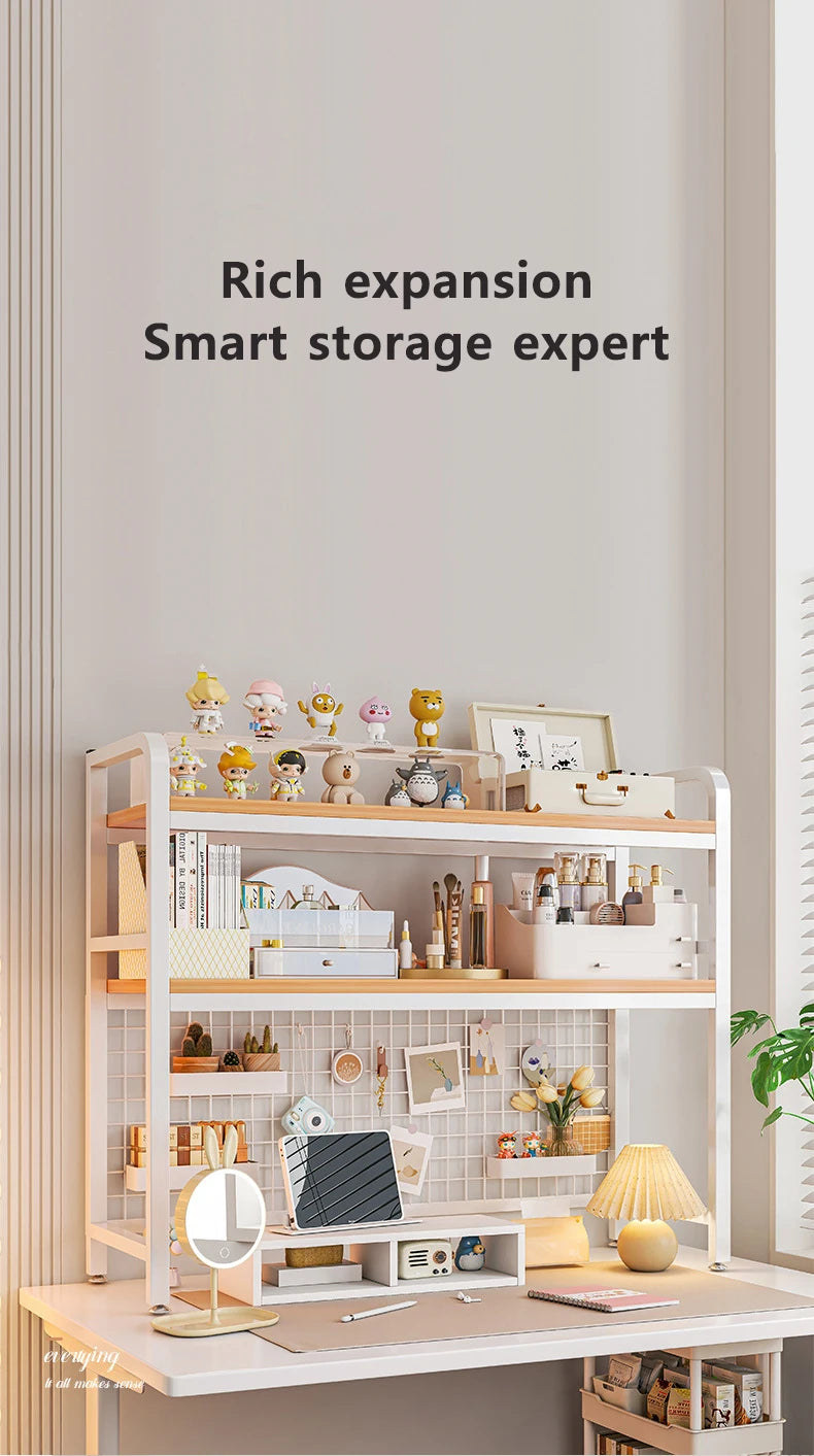 Bookshelf Bookcase With Grid Desktop Multi-layer Wrought Iron Shelf Student Computer Desk Table Hole Board Table Wooden Shelves