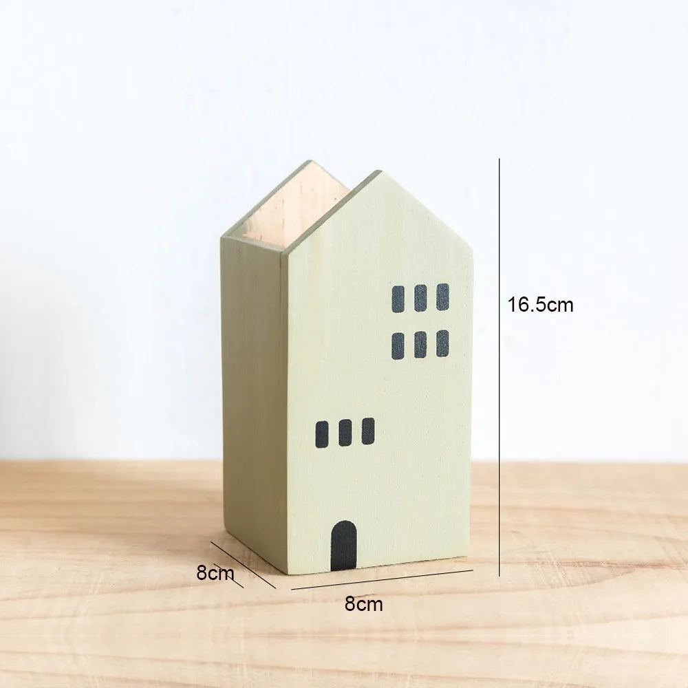 High-Quality Cartoon House Wooden Pen Holder