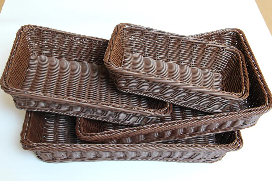 Hand-woven Imitation Rattan Wicker Basket Rectangular Storage Box Fruit Tea Snack Bread Basket Cosmetic House Kitchen Supplies