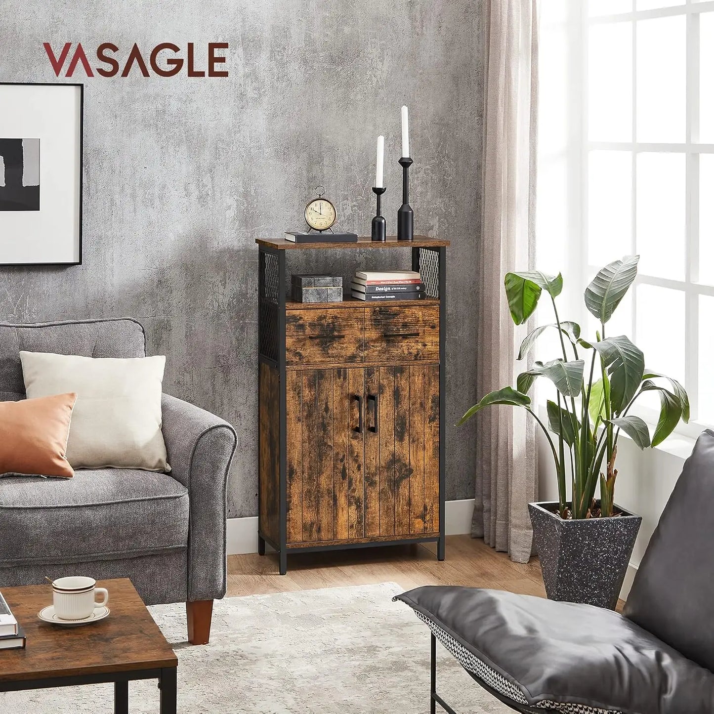 VASAGLE Storage Cabinet, Multipurpose Sideboard with Drawer and Adjustable Shelf, Bathroom Cabinet, Steel Frame