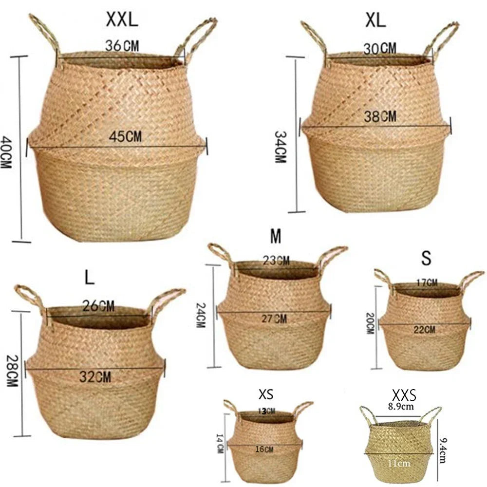 Seagrass Rattan Basket Foldable Wicker Organizer Handmade Plant Pot Laundry Bin Decorative Boho Style for Garden Home Decor