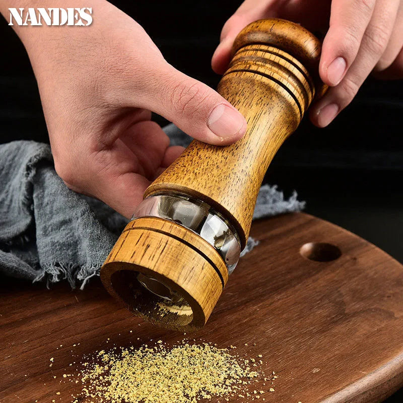 6-inch Manual Pepper Grinder Rubber Wood Acrylic Salt Shakers Adjustable Ceramic Rotor-Refillable Oak Spice Salt Grinding Bottle