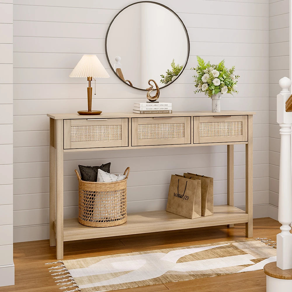 【Lifeideas】Rustic Wood Console Table with 3 Rattan Drawer Livingroom Bedroom Decoration Storage Cabinet