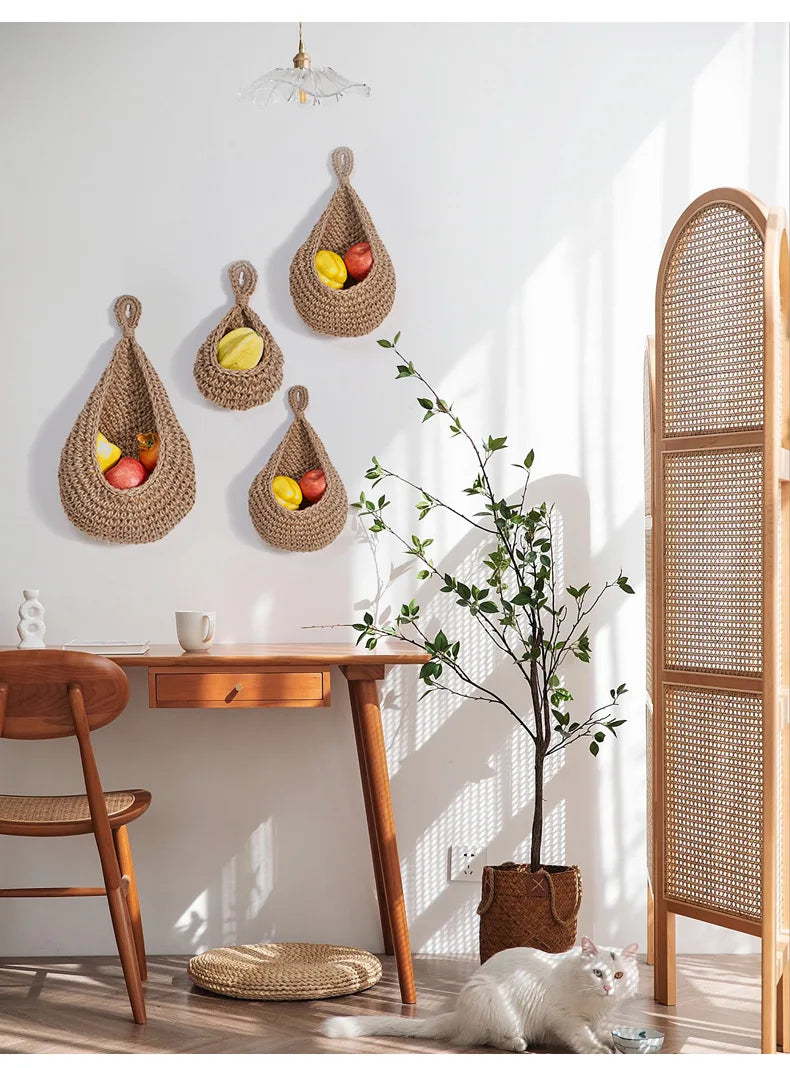 Handwoven Hanging Wall Vegetable Fruit Basket Organizer Container Decor for Kitchen Garden Mount Wall Plant Flower Onion Storage