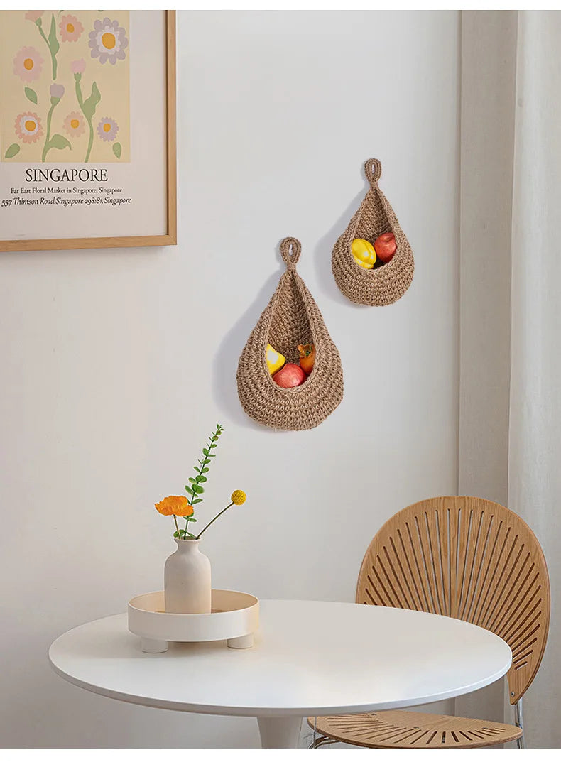 Handwoven Hanging Wall Vegetable Fruit Basket Organizer Container Decor for Kitchen Garden Mount Wall Plant Flower Onion Storage