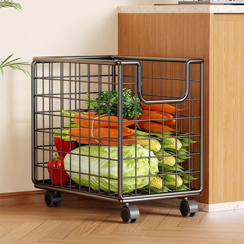 Removable Vegetable Fruit Storage Basket Rack Rolling Laundry Hamper Bathroom Foldable Iron Wire Dirty Clothes Hamper Organizer