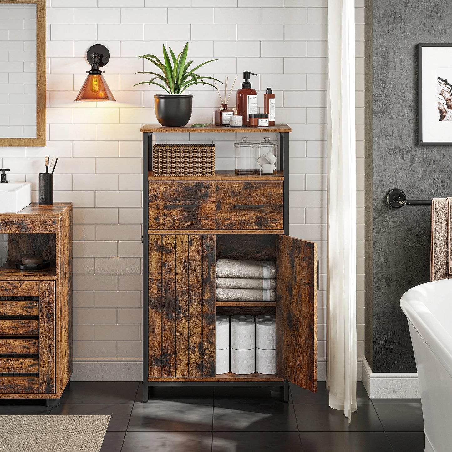 VASAGLE Storage Cabinet, Multipurpose Sideboard with Drawer and Adjustable Shelf, Bathroom Cabinet, Steel Frame