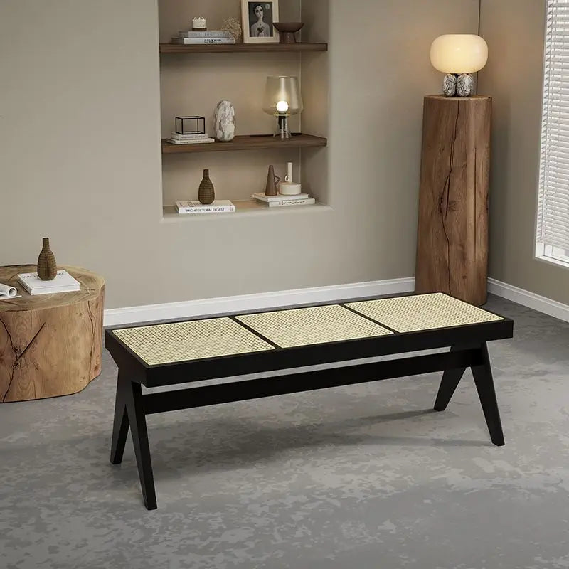 Solid Wood Rattan Bench Living Room Chairs Long Bench Japanese Bed End Bench Retro Chaise Lounge Stool House Furniture Ottoman