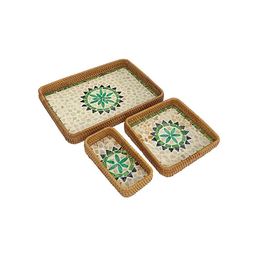 HeMu Colorful Splicing Shell Rattan Storage Basket Set Bread Fruit Food Breakfast Display Box Natural Hand-Woven Tray Decoration