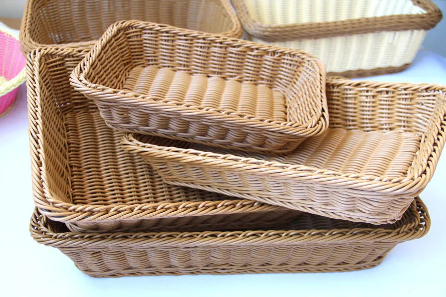 Hand-woven Imitation Rattan Wicker Basket Rectangular Storage Box Fruit Tea Snack Bread Basket Cosmetic House Kitchen Supplies